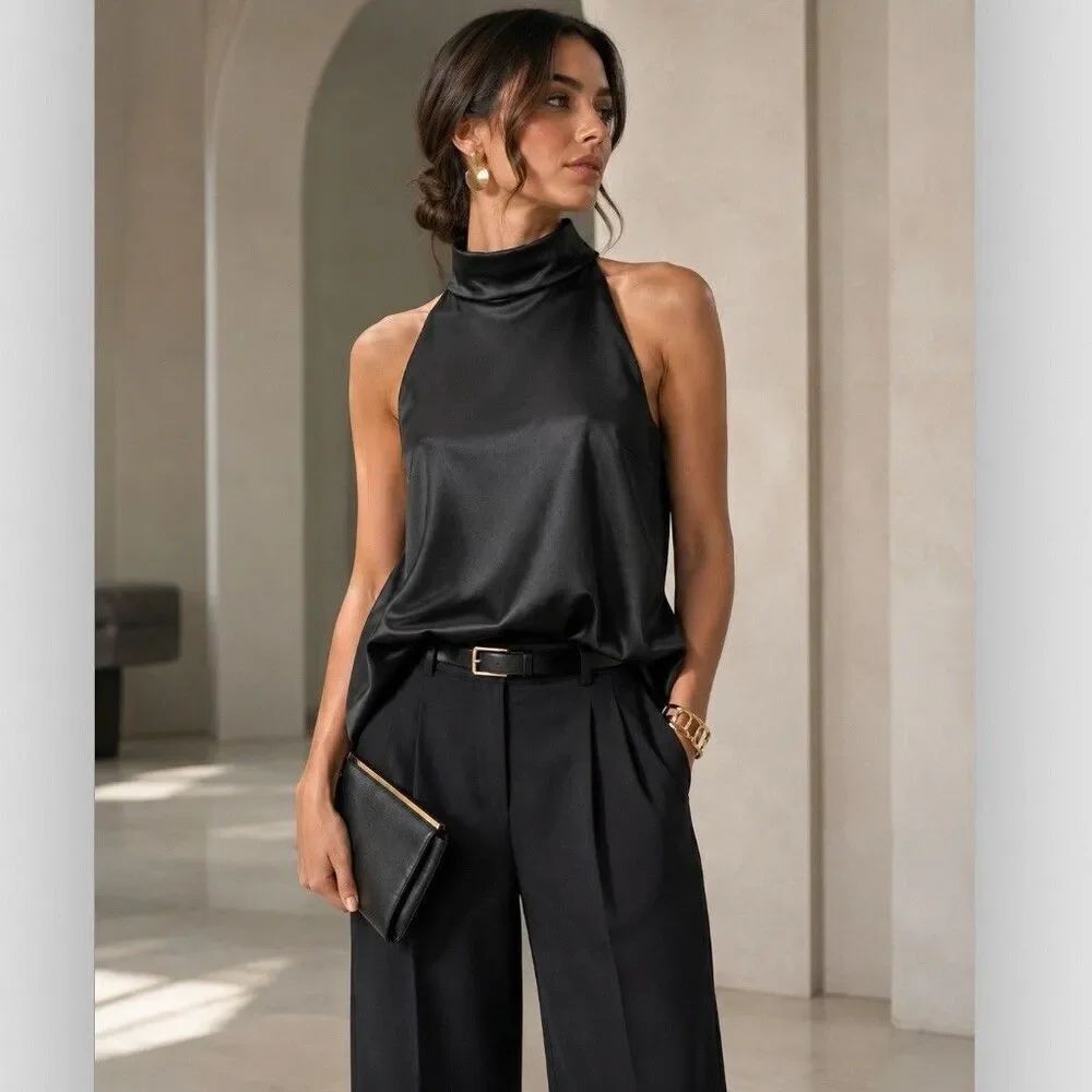 Chiara Boni La Petite Robe Black Satin Halter Blouse Top IT 44 US 8 , Italy